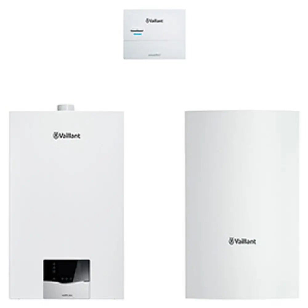 Vaillant Heizgerät mit zwei Modulen, einem vertikalen Wasserboiler und einem Wandthermostat in Weiß, auf einem neutralen Hintergrund.